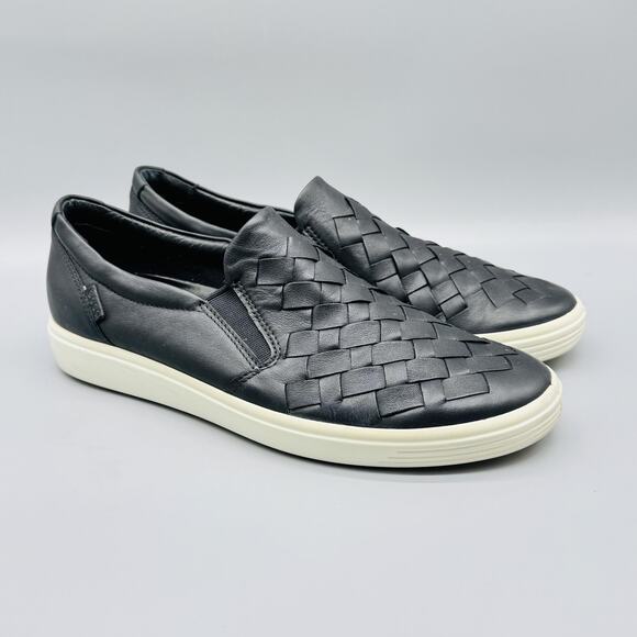 ECCO Shoes Womens 11 Black Leather Loafer Sneakers Soft 7 Woven Slip On Comfort - Picture 2 of 13
